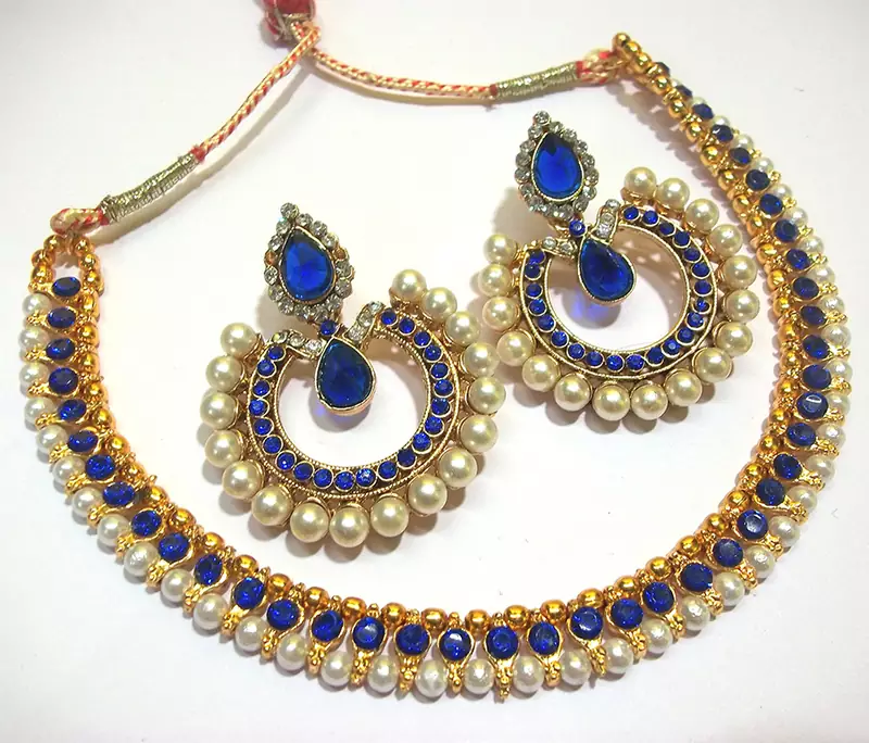Dark Blue Tilak Pearl Polki Necklace Set