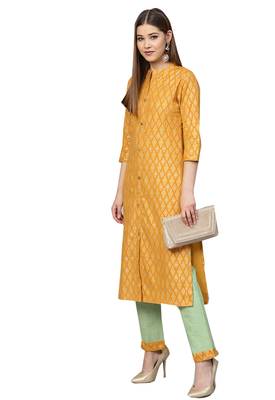 Yellow printed cotton kurta-sets 5