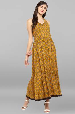 Janasya Mustard printed cotton kurti 1