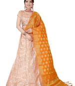 Peach Embroidered Jacquard Semi Stitched Lehenga With Dupatta