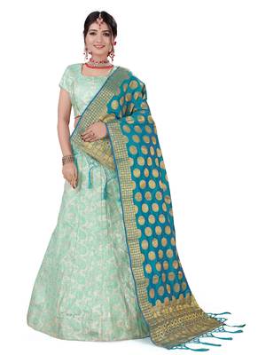 Light-Green Embroidered Jacquard Semi Stitched Lehenga With Dupatta 1