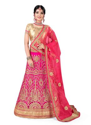 Pink Embroidered Net Semi Stitched Lehenga With Dupatta 1