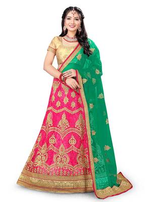 Pink Embroidered Net Semi Stitched Lehenga With Dupatta 1