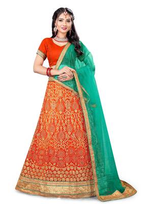 Orange Embroidered Net Semi Stitched Lehenga With Dupatta 1