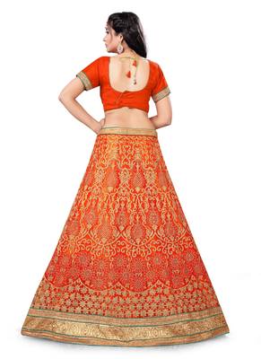 Orange Embroidered Net Semi Stitched Lehenga With Dupatta 2