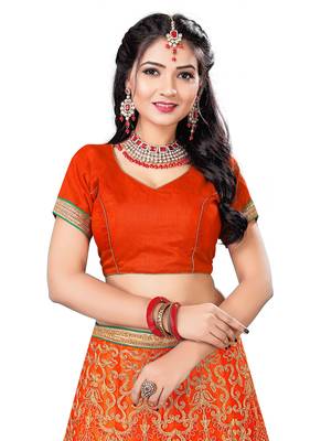 Orange Embroidered Net Semi Stitched Lehenga With Dupatta 3