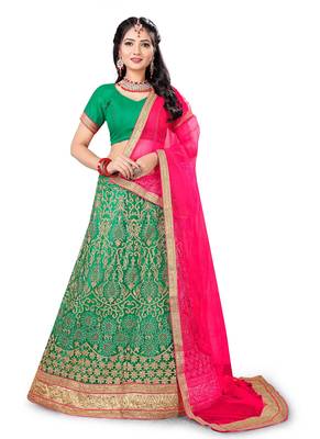 Green Embroidered Net Semi Stitched Lehenga With Dupatta 1
