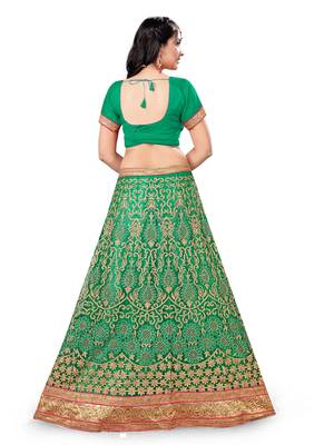 Green Embroidered Net Semi Stitched Lehenga With Dupatta 2