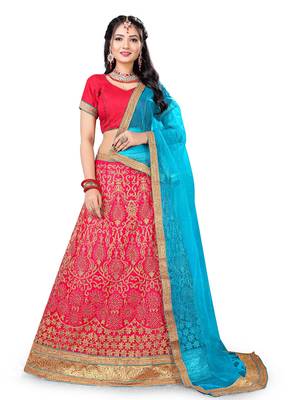 Pink Embroidered Net Semi Stitched Lehenga With Dupatta 1