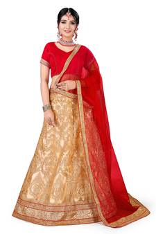 Beige Embroidered Net Semi Stitched Lehenga With Dupatta