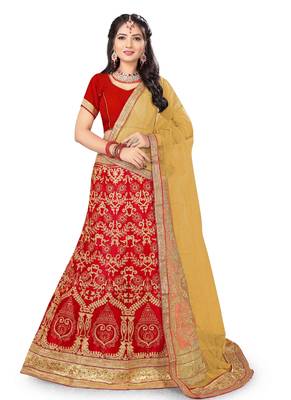 Red Embroidered Net Semi Stitched Lehenga With Dupatta 1