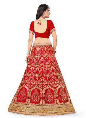 Red Embroidered Net Semi Stitched Lehenga With Dupatta 2