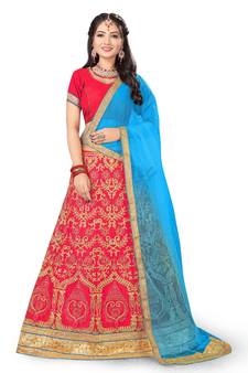 Pink Embroidered Net Semi Stitched Lehenga With Dupatta