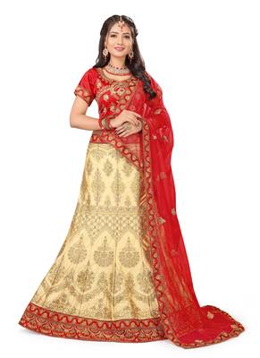 Beige Embroidered Silk Semi Stitched Lehenga With Dupatta 1