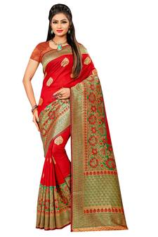 Red Woven Art Silk Blend Saree With Blouse