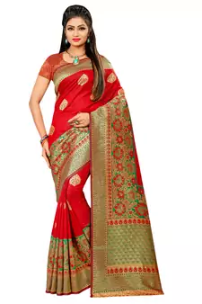 Red Woven Art Silk Blend Saree With Blouse