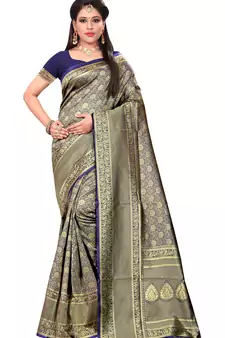 Navy Blue Woven Art Silk Blend Saree With Blouse