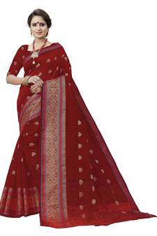 Maroon Woven Cotton Art Silk Saree With Blouse