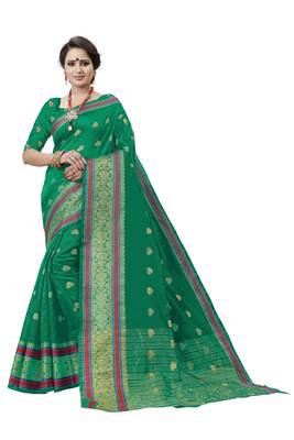 Green Woven Cotton Art Silk Saree With Blouse 1