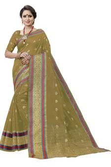 Beige Woven Cotton Art Silk Saree With Blouse