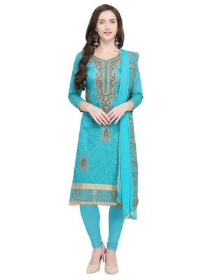 Turquoise Embroidered Chanderi Cotton Dress Material With Handwork 1
