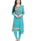 Turquoise Embroidered Chanderi Cotton Dress Material With Handwork
