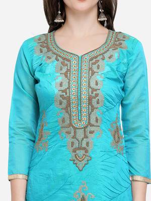 Turquoise Embroidered Chanderi Cotton Dress Material With Handwork 2