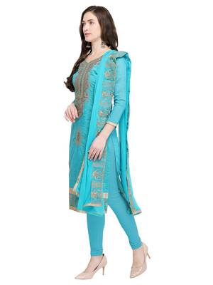 Turquoise Embroidered Chanderi Cotton Dress Material With Handwork 3