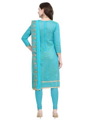 Turquoise Embroidered Chanderi Cotton Dress Material With Handwork 4