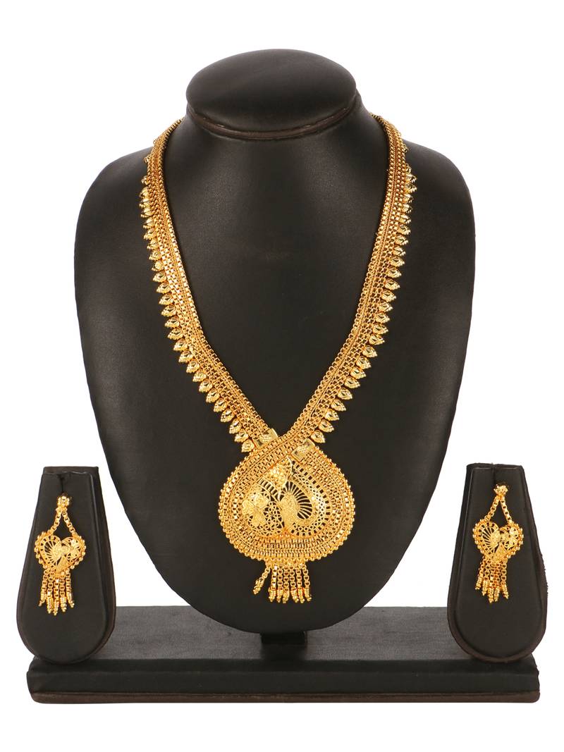 Stylish Traditional 1 Gram High Gold Plated Rope Style Brass Long Haram Necklace Set For Women