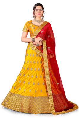 Yellow Embroidered Satin Semi Stitched Lehenga With Dupatta 1