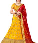 Yellow Embroidered Satin Semi Stitched Lehenga With Dupatta