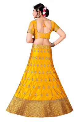 Yellow Embroidered Satin Semi Stitched Lehenga With Dupatta 2