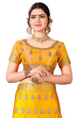 Yellow Embroidered Satin Semi Stitched Lehenga With Dupatta 3
