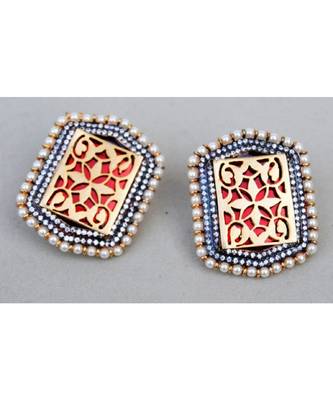 Hexagonal Pearl Rimmed Red Stud Earrings 1