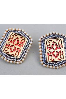 Hexagonal Pearl Rimmed Red Stud Earrings