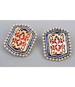 Hexagonal Pearl Rimmed Red Stud Earrings