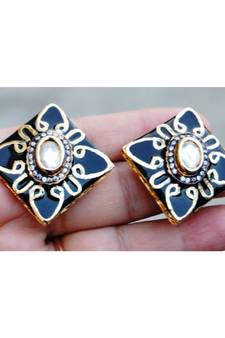 Uncut Diamond Centered Black Enamel Gold Stud Earrings