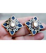 Uncut Diamond Centered Black Enamel Gold Stud Earrings