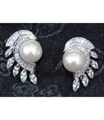 Baguette Diamond Lined Pearl Stud Earrings