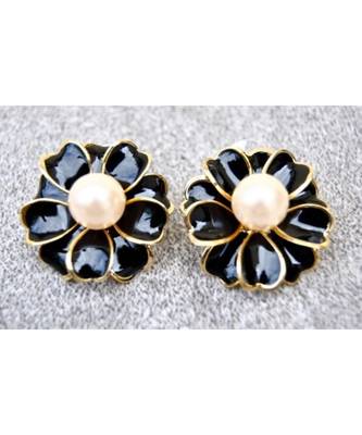 Floral Black Lustre Enamel Stud Earrings 1