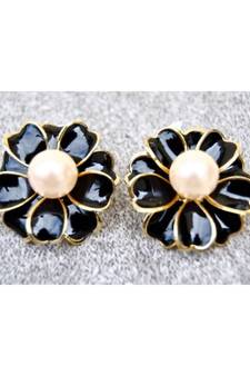 Floral Black Lustre Enamel Stud Earrings