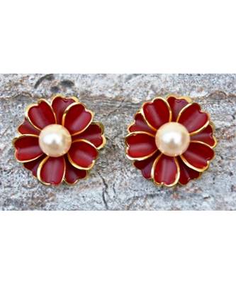 Floral Maroon Enamel Stud Earrings 1