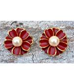 Floral Maroon Enamel Stud Earrings