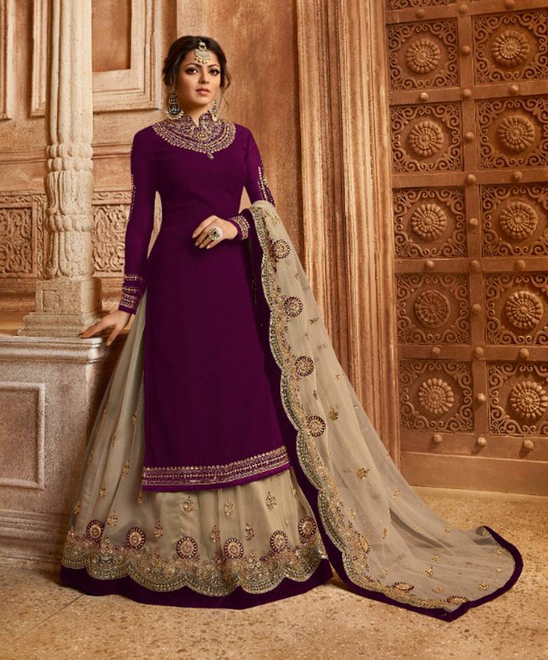 Women Wine Silk Chiffon Embroidered Salwar Suit