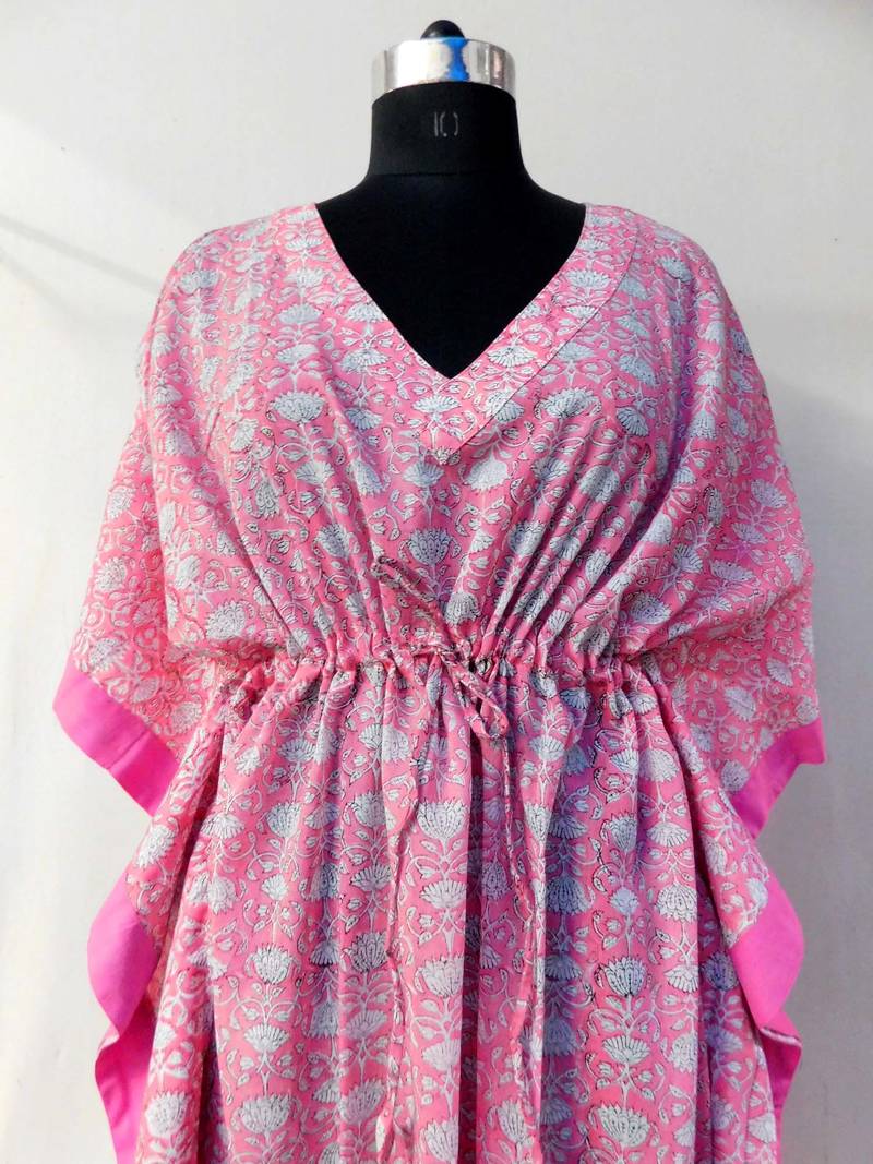 pink indian cotton block printed kaftan summer beach maxi tunic plus size kurti