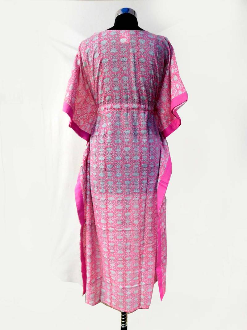 pink indian cotton block printed kaftan summer beach maxi tunic plus size kurti