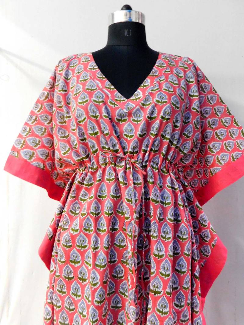 Red floral print indian cotton long kaftan maxi dress hippie summer beach Tunic nightgown