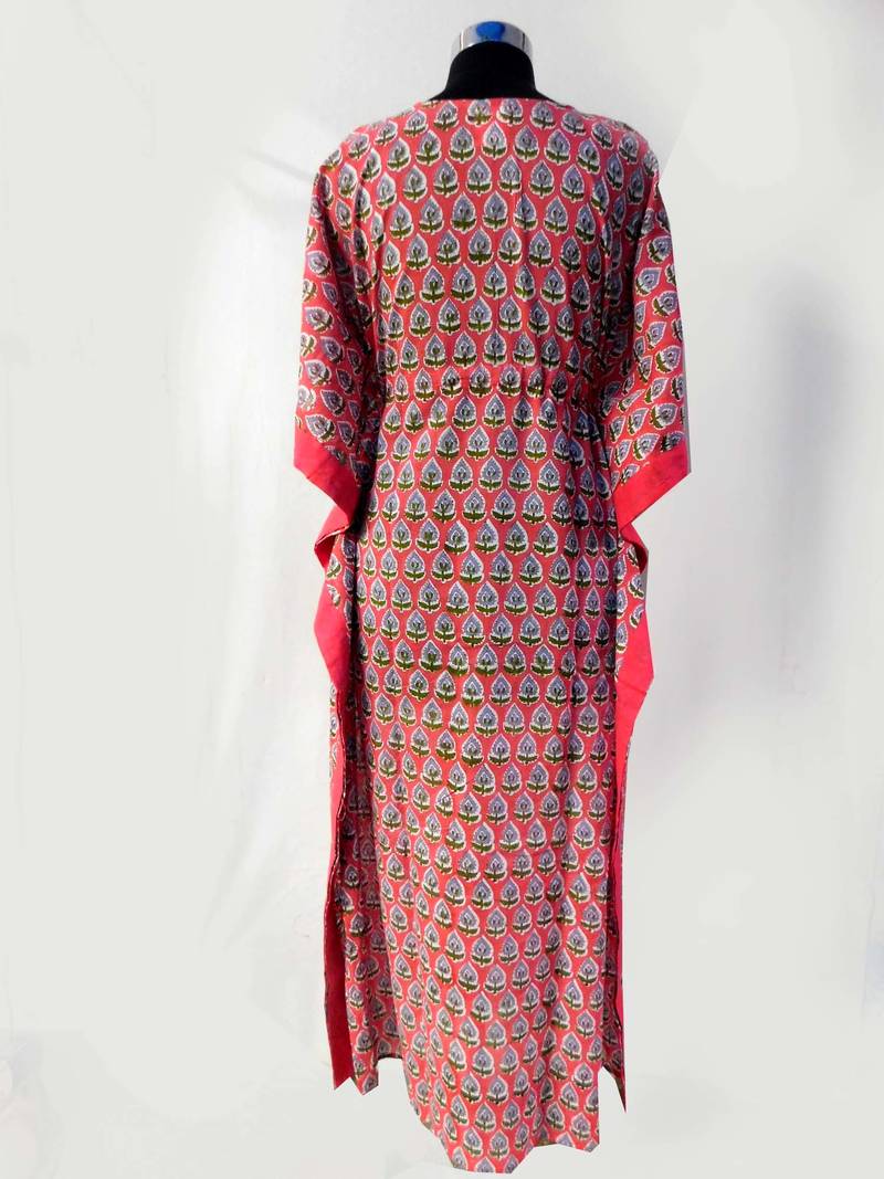 Red floral print indian cotton long kaftan maxi dress hippie summer beach Tunic nightgown