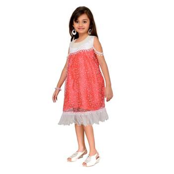 Red plain net kids frock 2